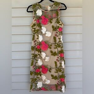 Calvin Klein Sheer Floral Midi Dress - Pink, White, Green